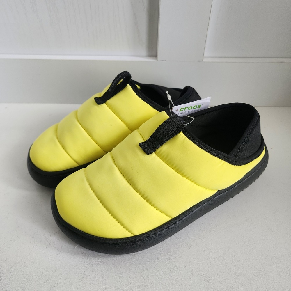 Crocs Classic Puff Moc K Kids Yellow Black Quilted Puffer Slippers J5 210589-77K